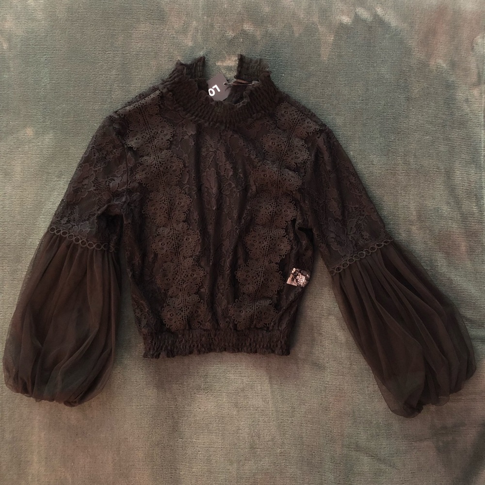 Black Puffy Sleeve Lace Top